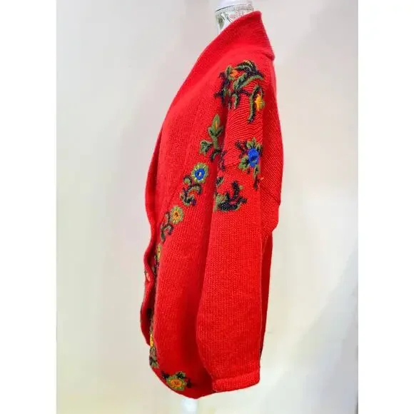 VTG Cervelle Red Bulky, Chunky, Shawl Collar Cardigan, Puff Sleeves, Wool Med - Picture 7 of 8